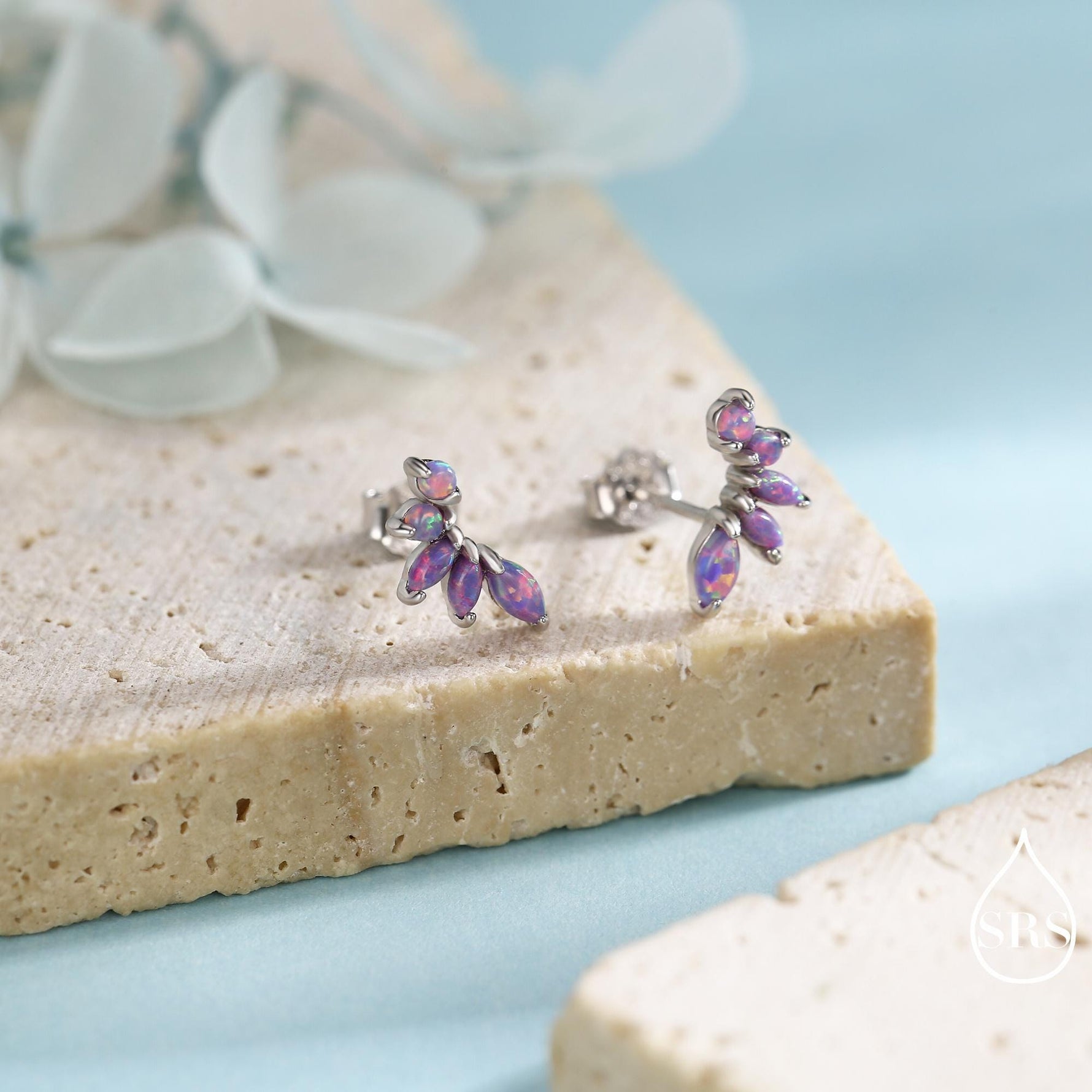 Sterling Silver Purple Opal Marquise Cluster Stud Earrings, Silver and Gold, Opal Earrings, Lab Opal Mini Crawler Earrings, Minimalist