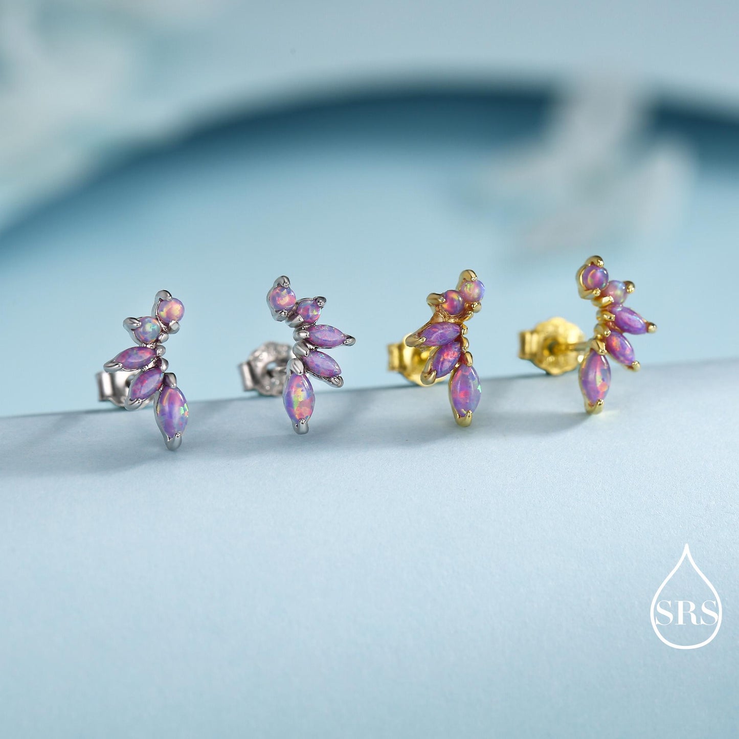 Sterling Silver Purple Opal Marquise Cluster Stud Earrings, Silver and Gold, Opal Earrings, Lab Opal Mini Crawler Earrings, Minimalist