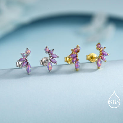 Sterling Silver Purple Opal Marquise Cluster Stud Earrings, Silver and Gold, Opal Earrings, Lab Opal Mini Crawler Earrings, Minimalist