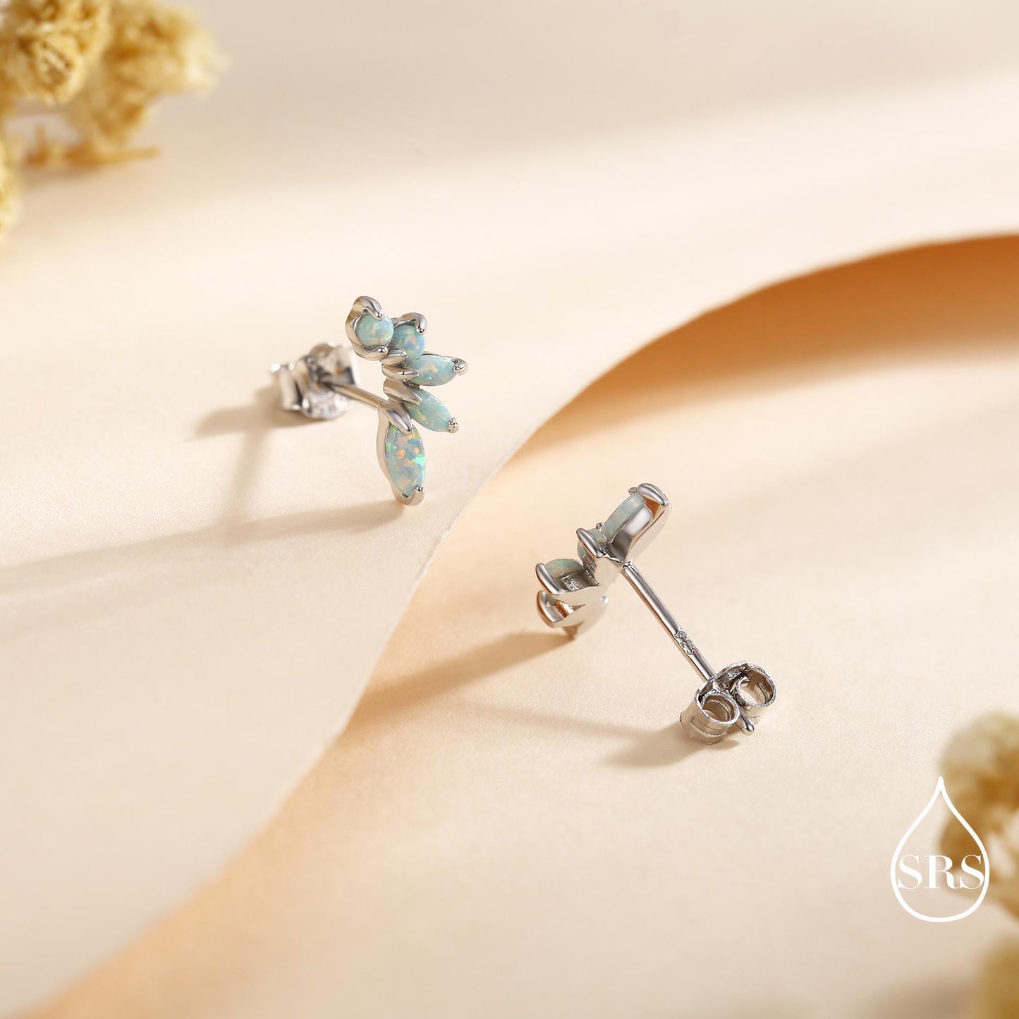 Sterling Silver Green Opal Marquise Cluster Stud Earrings, Silver and Gold, Opal Earrings, Lab Opal Mini Crawler Earrings, Minimalist