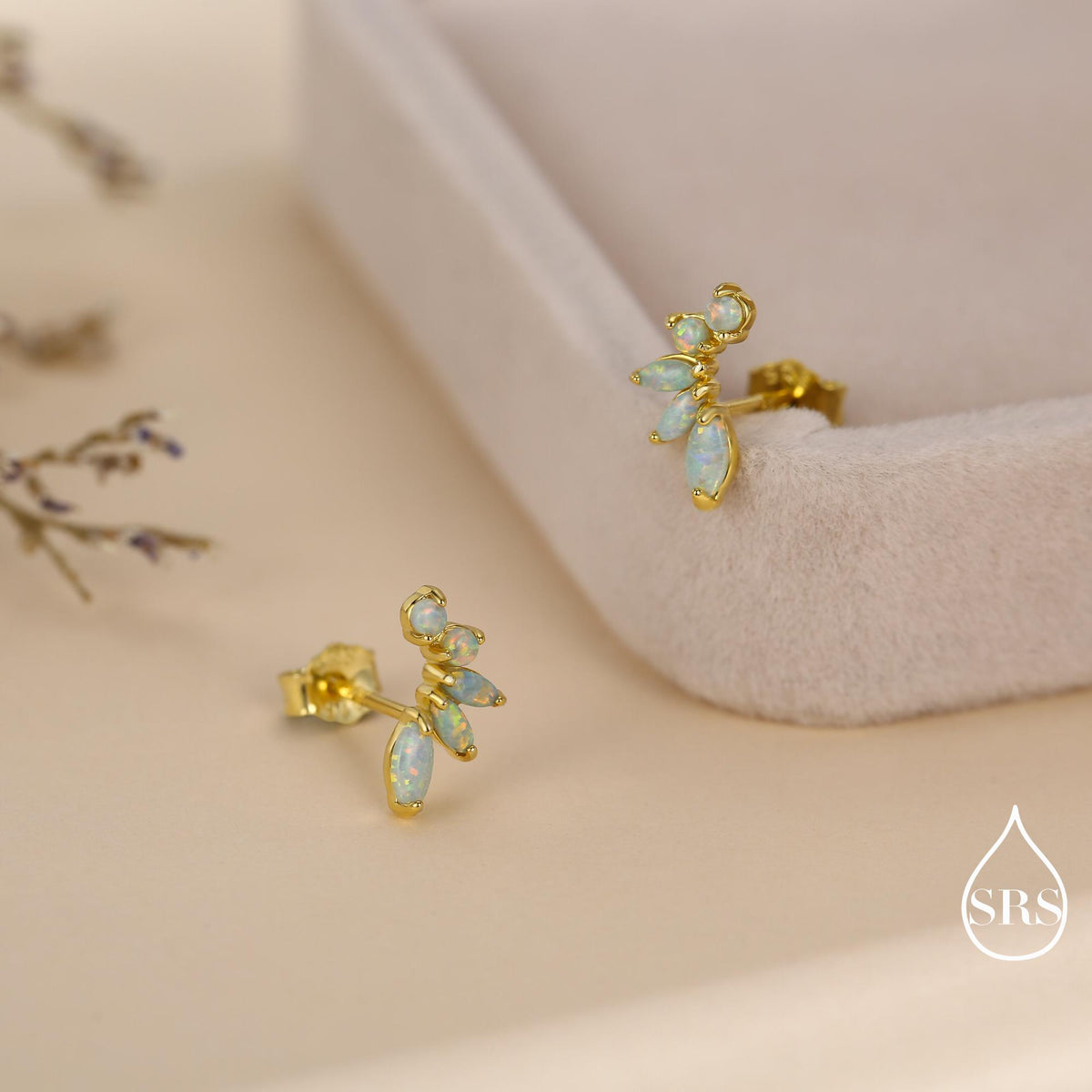 Sterling Silver Green Opal Marquise Cluster Stud Earrings, Silver and Gold, Opal Earrings, Lab Opal Mini Crawler Earrings, Minimalist