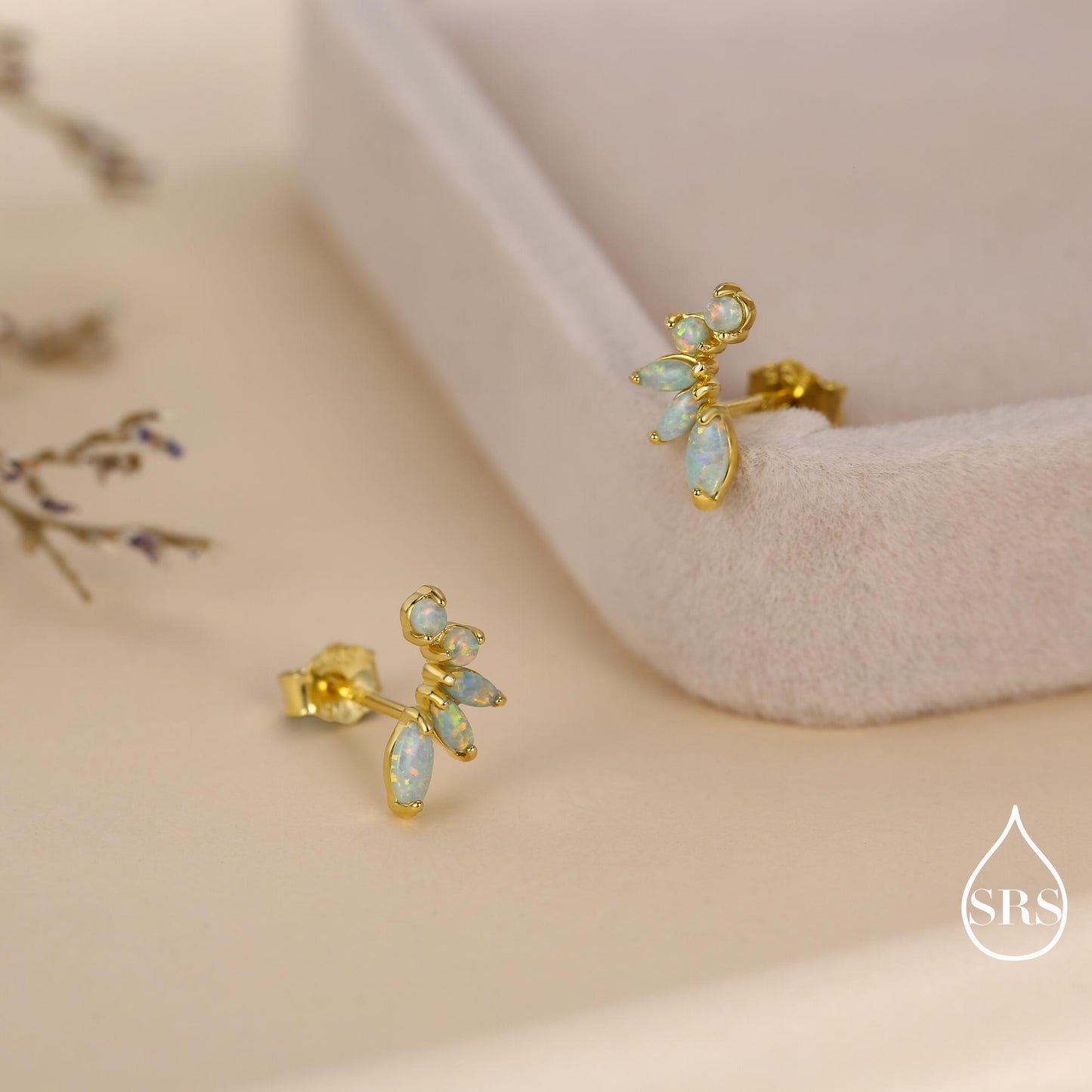 Sterling Silver Green Opal Marquise Cluster Stud Earrings, Silver and Gold, Opal Earrings, Lab Opal Mini Crawler Earrings, Minimalist