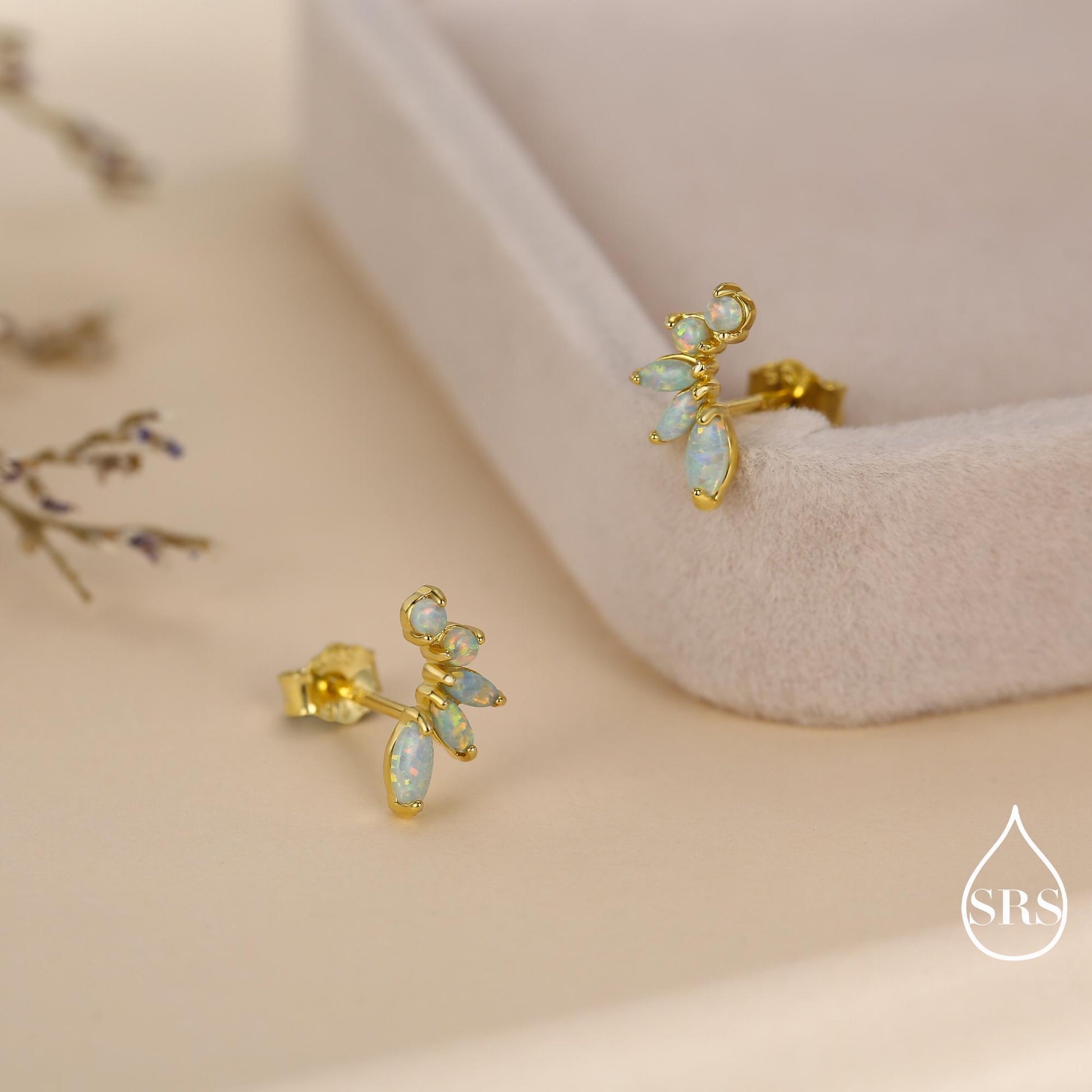 Sterling Silver Green Opal Marquise Cluster Stud Earrings, Silver and Gold, Opal Earrings, Lab Opal Mini Crawler Earrings, Minimalist