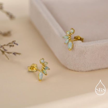 Sterling Silver Green Opal Marquise Cluster Stud Earrings, Silver and Gold, Opal Earrings, Lab Opal Mini Crawler Earrings, Minimalist
