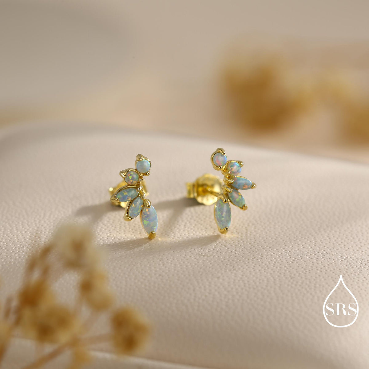 Sterling Silver Green Opal Marquise Cluster Stud Earrings, Silver and Gold, Opal Earrings, Lab Opal Mini Crawler Earrings, Minimalist