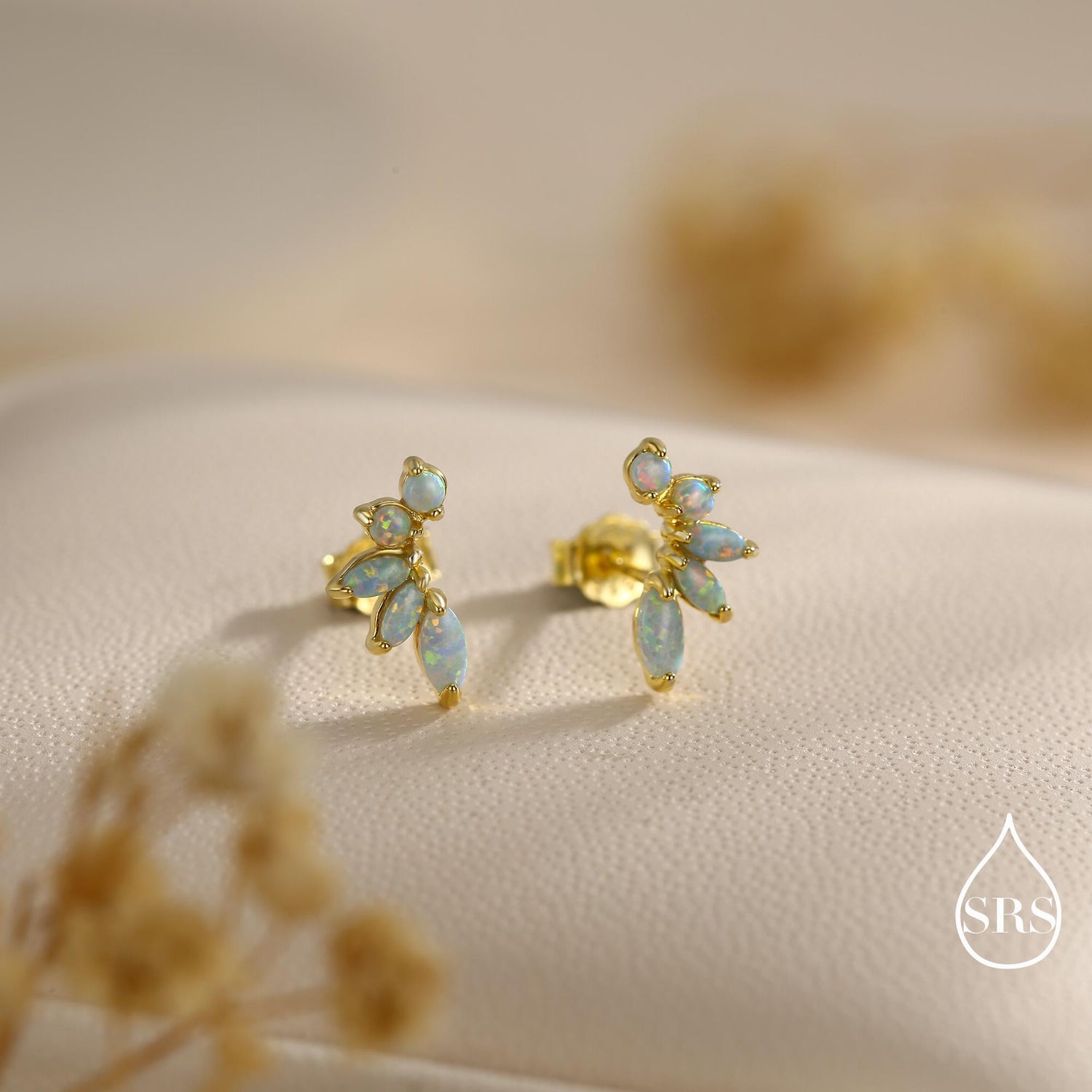 Sterling Silver Green Opal Marquise Cluster Stud Earrings, Silver and Gold, Opal Earrings, Lab Opal Mini Crawler Earrings, Minimalist