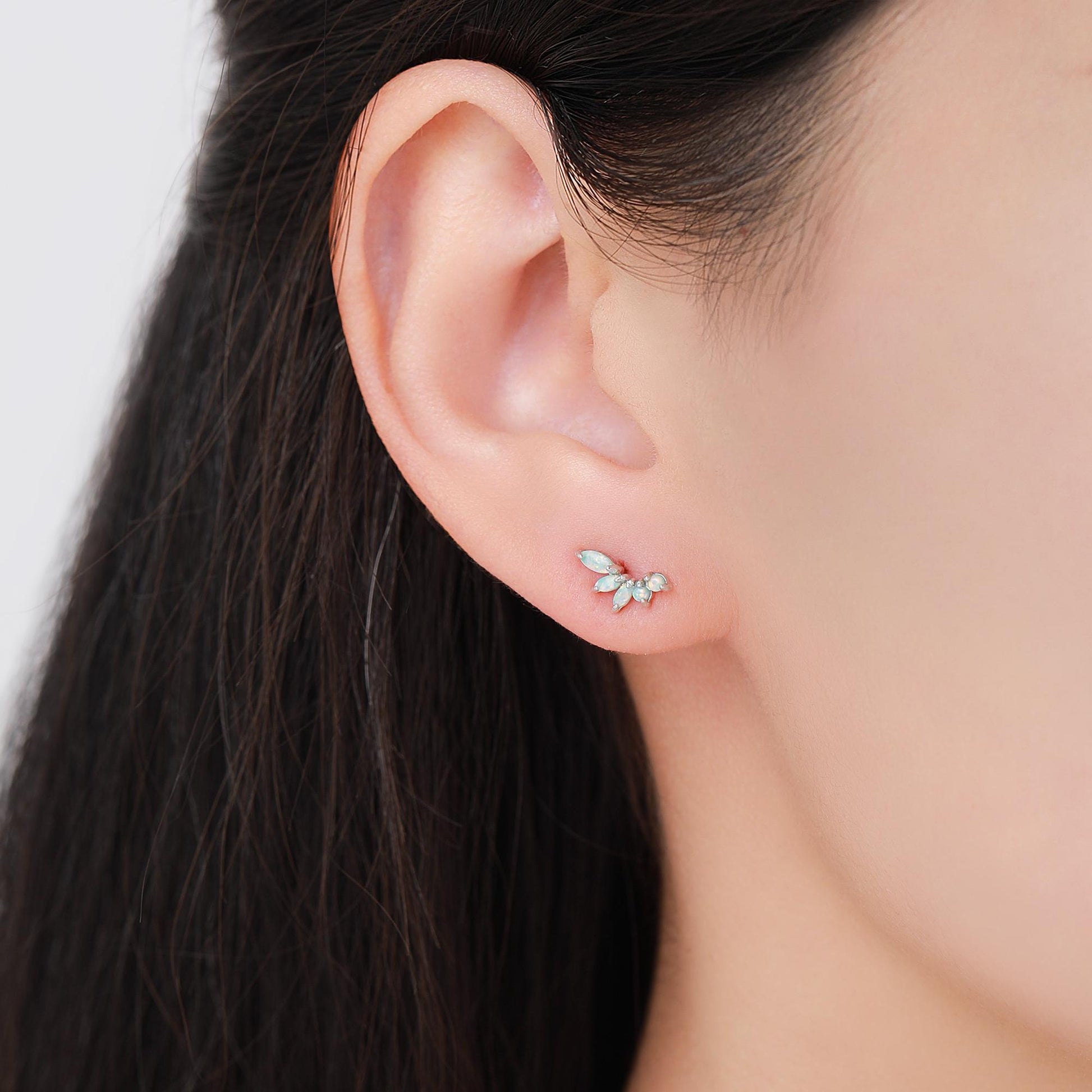 Sterling Silver Green Opal Marquise Cluster Stud Earrings, Silver and Gold, Opal Earrings, Lab Opal Mini Crawler Earrings, Minimalist