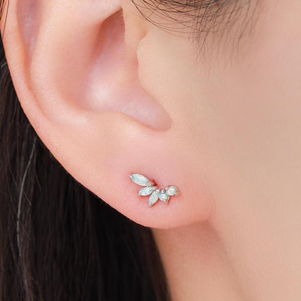 Sterling Silver Green Opal Marquise Cluster Stud Earrings, Silver and Gold, Opal Earrings, Lab Opal Mini Crawler Earrings, Minimalist