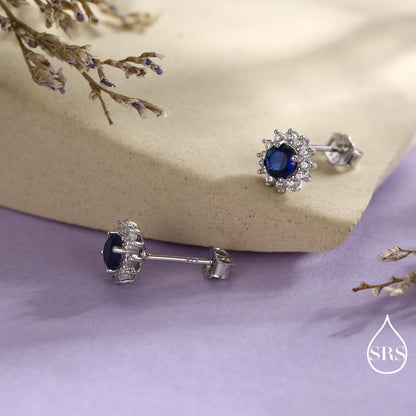 Sapphire Flower Stud Earrings in Sterling Silver, Gold or Silver, Simulated Sapphire Flower Earrings, Blue CZ Flower Earrings