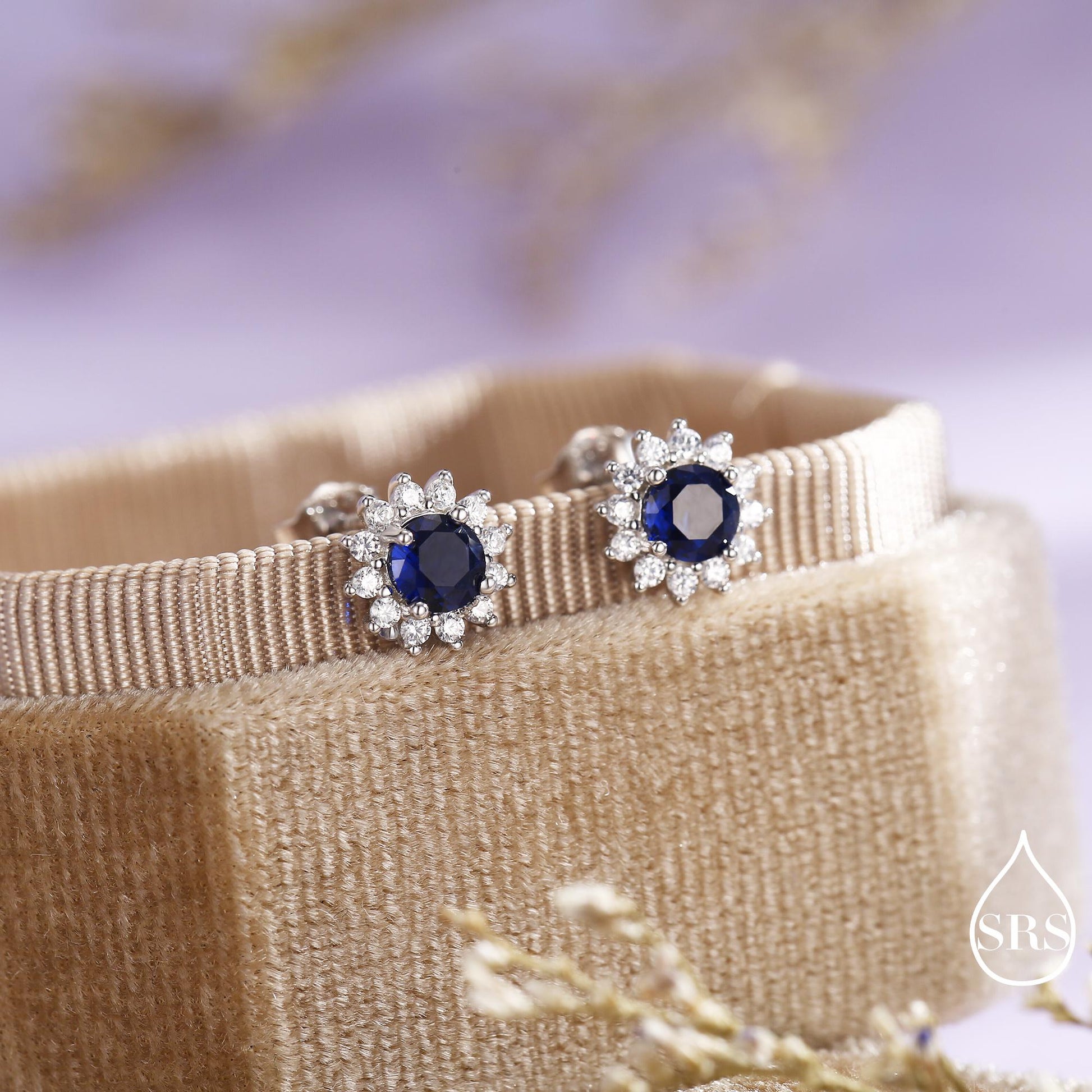 Sapphire Flower Stud Earrings in Sterling Silver, Gold or Silver, Simulated Sapphire Flower Earrings, Blue CZ Flower Earrings