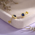 Sapphire Flower Stud Earrings in Sterling Silver, Gold or Silver, Simulated Sapphire Flower Earrings, Blue CZ Flower Earrings