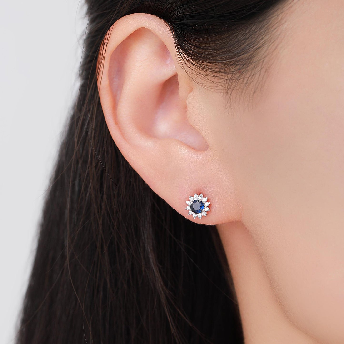 Sapphire Flower Stud Earrings in Sterling Silver, Gold or Silver, Simulated Sapphire Flower Earrings, Blue CZ Flower Earrings