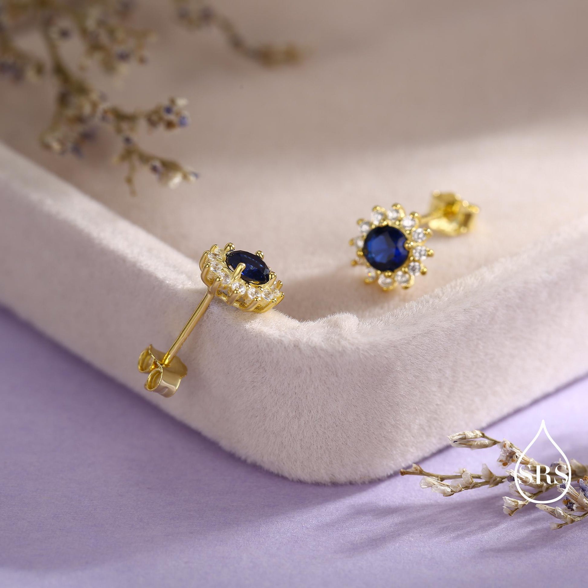 Sapphire Flower Stud Earrings in Sterling Silver, Gold or Silver, Simulated Sapphire Flower Earrings, Blue CZ Flower Earrings