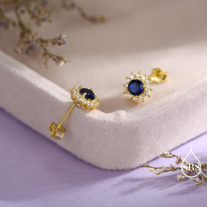 Sapphire Flower Stud Earrings in Sterling Silver, Gold or Silver, Simulated Sapphire Flower Earrings, Blue CZ Flower Earrings