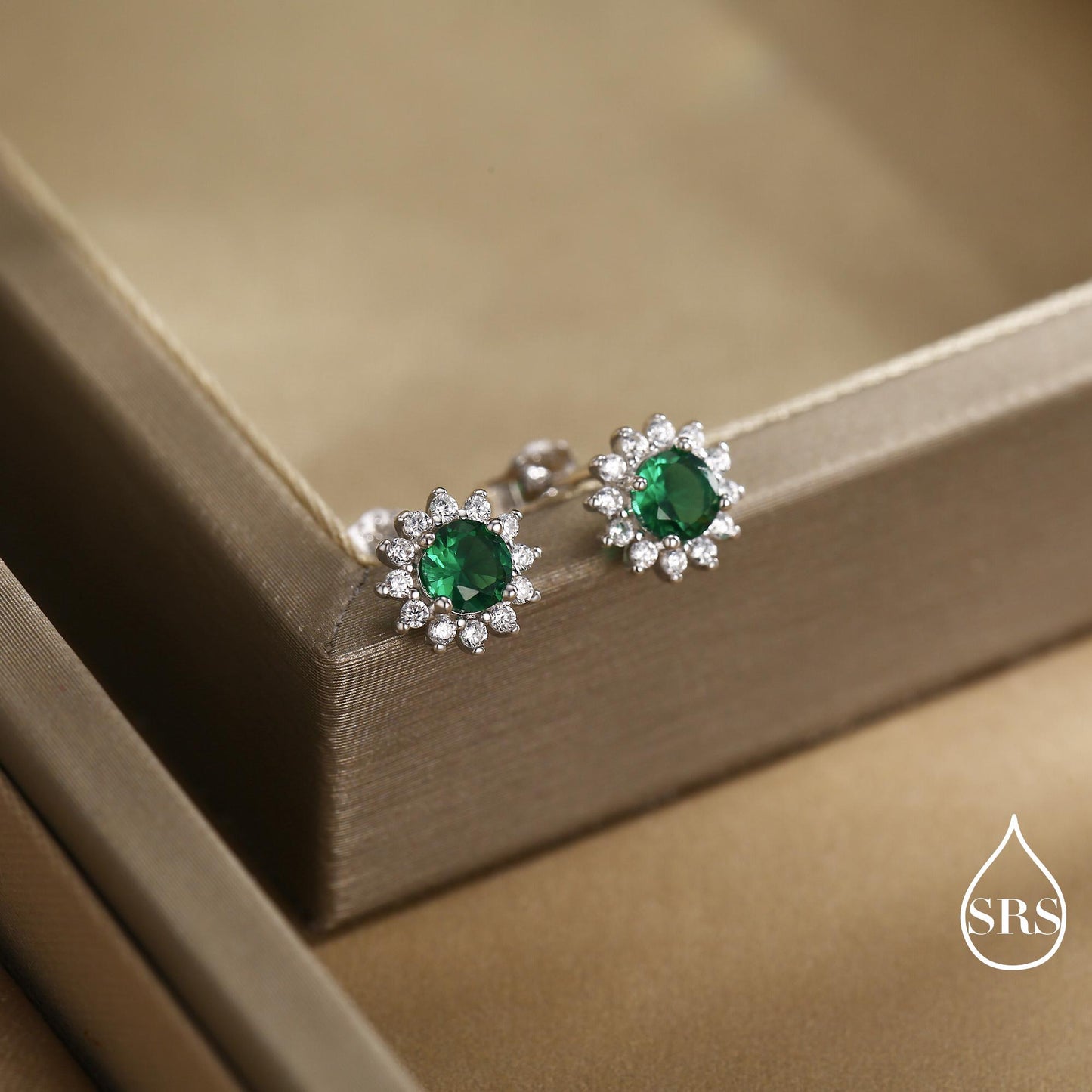 Emerald Flower Stud Earrings in Sterling Silver, Gold or Silver, Simulated Emerald Green CZ Earrings, Green CZ Flower Earrings