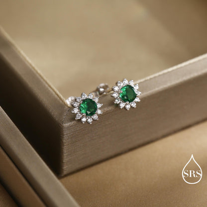 Emerald Flower Stud Earrings in Sterling Silver, Gold or Silver, Simulated Emerald Green CZ Earrings, Green CZ Flower Earrings