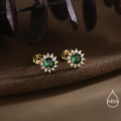 Emerald Flower Stud Earrings in Sterling Silver, Gold or Silver, Simulated Emerald Green CZ Earrings, Green CZ Flower Earrings
