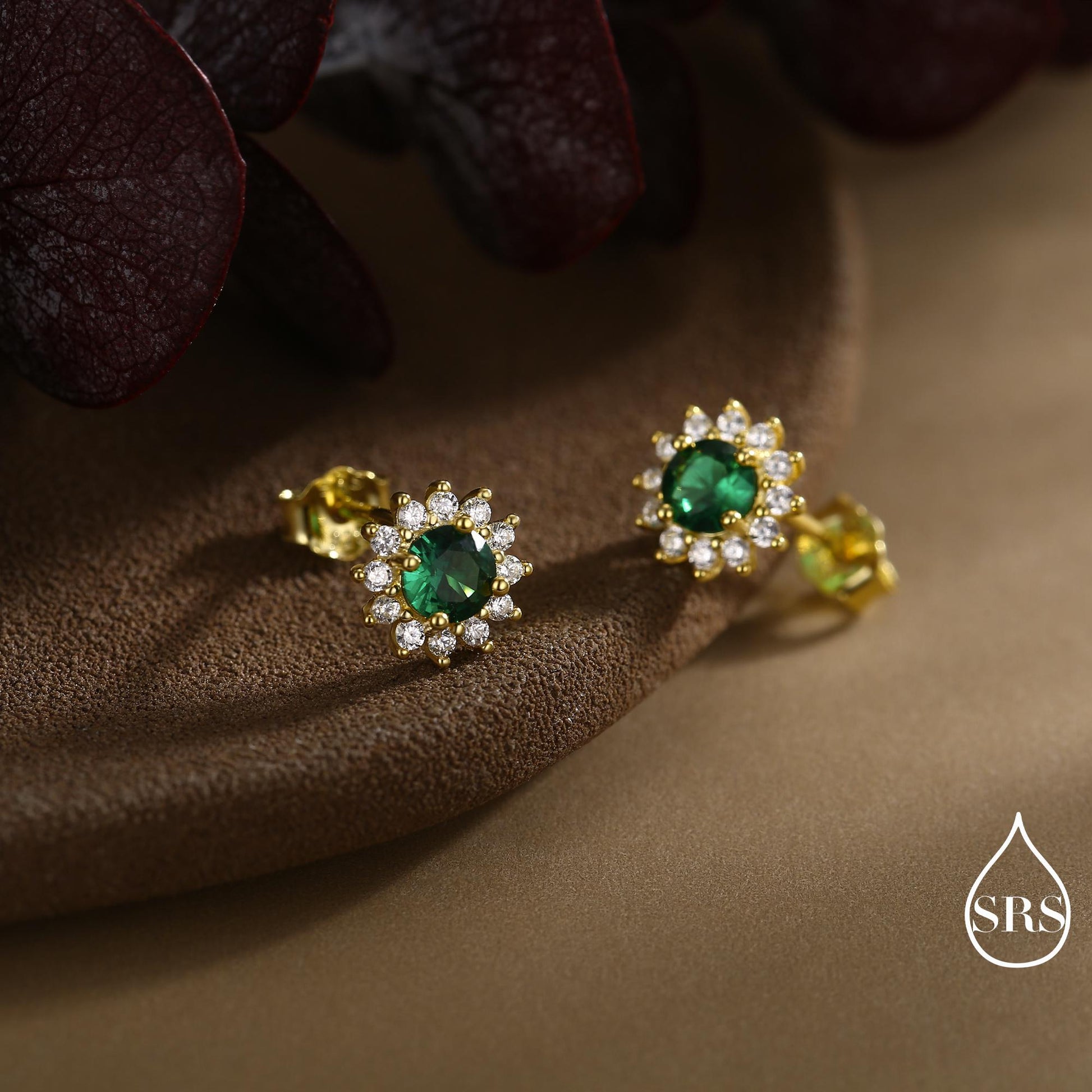 Emerald Flower Stud Earrings in Sterling Silver, Gold or Silver, Simulated Emerald Green CZ Earrings, Green CZ Flower Earrings