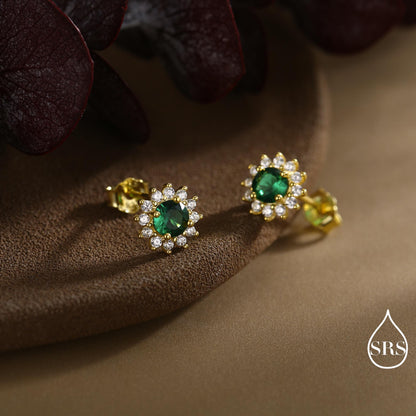 Emerald Flower Stud Earrings in Sterling Silver, Gold or Silver, Simulated Emerald Green CZ Earrings, Green CZ Flower Earrings