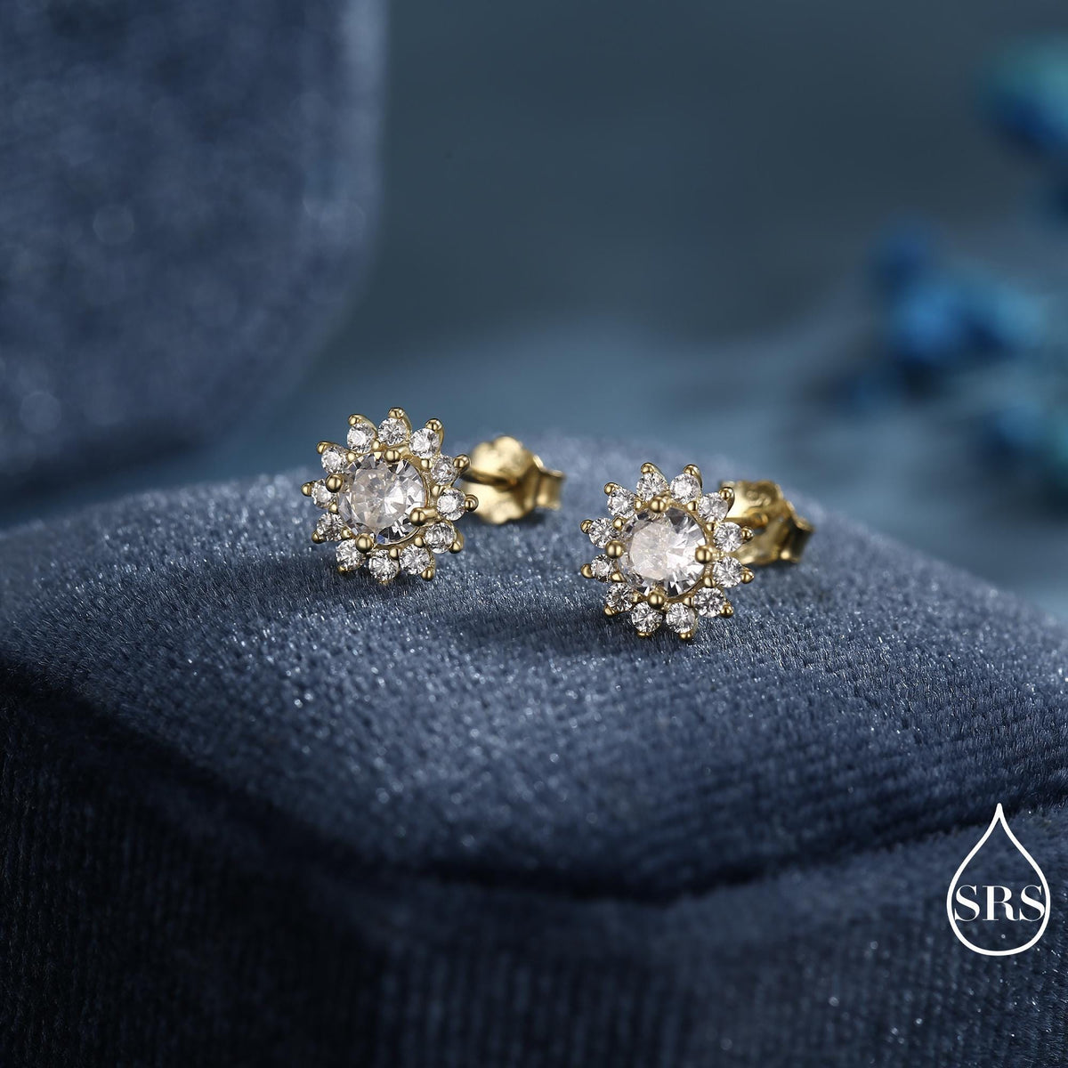 CZ Flower Stud Earrings in Sterling Silver, Gold or Silver, Simulated Diamond Snowflake Earrings