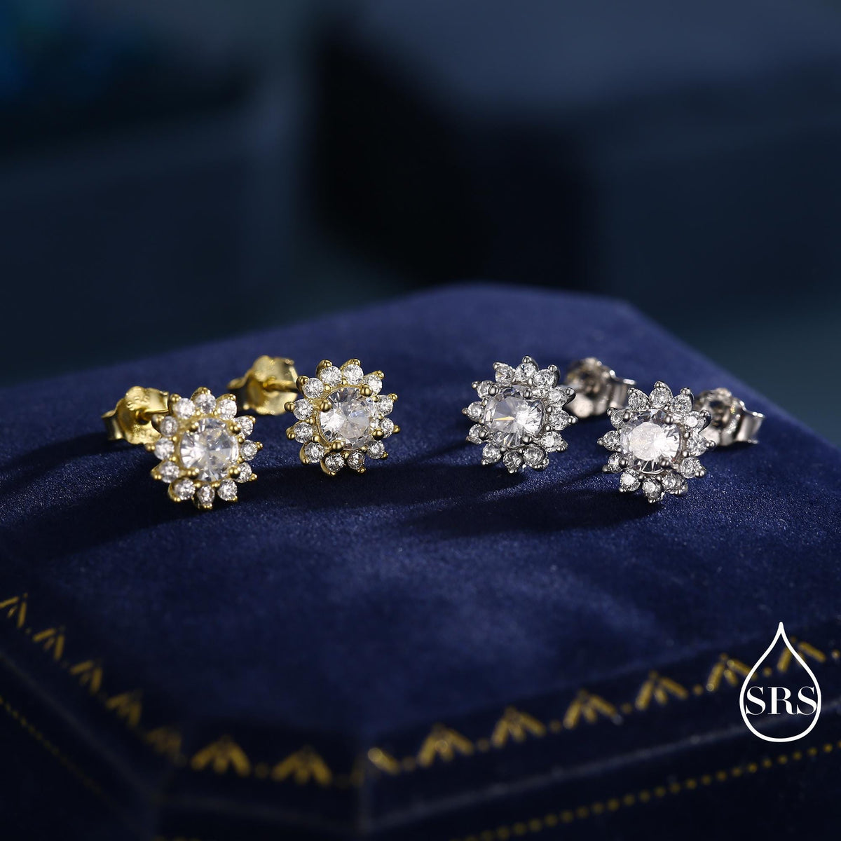CZ Flower Stud Earrings in Sterling Silver, Gold or Silver, Simulated Diamond Snowflake Earrings
