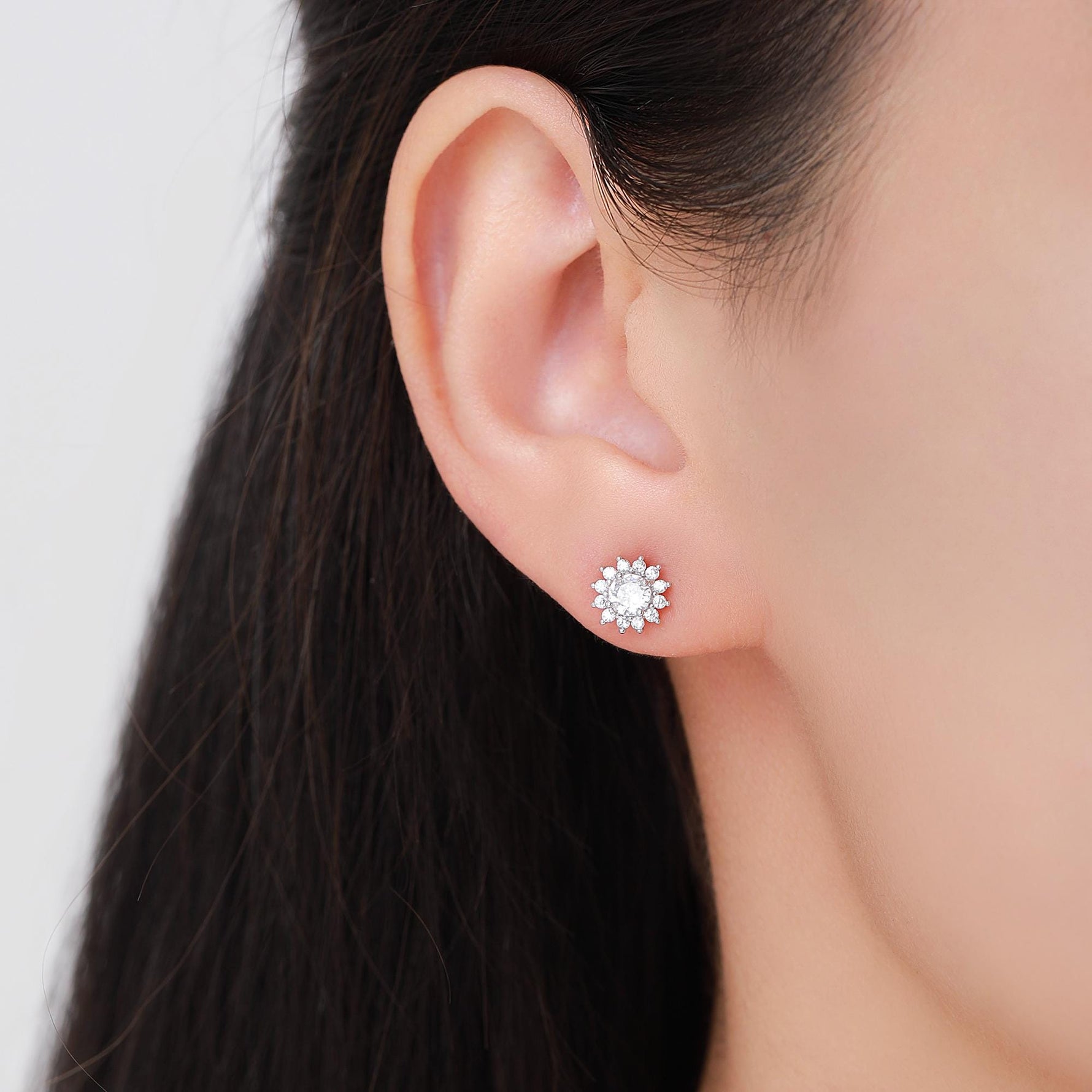 CZ Flower Stud Earrings in Sterling Silver, Gold or Silver, Simulated Diamond Snowflake Earrings