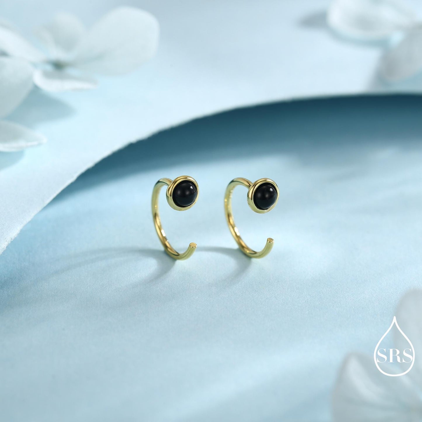 Genuine Black Onyx Huggie Hoop Earrings in Sterling Silver, 3mm Natural Black Onyx Open Hoops, Pull Through Threaders, Half Hoops, C Shape