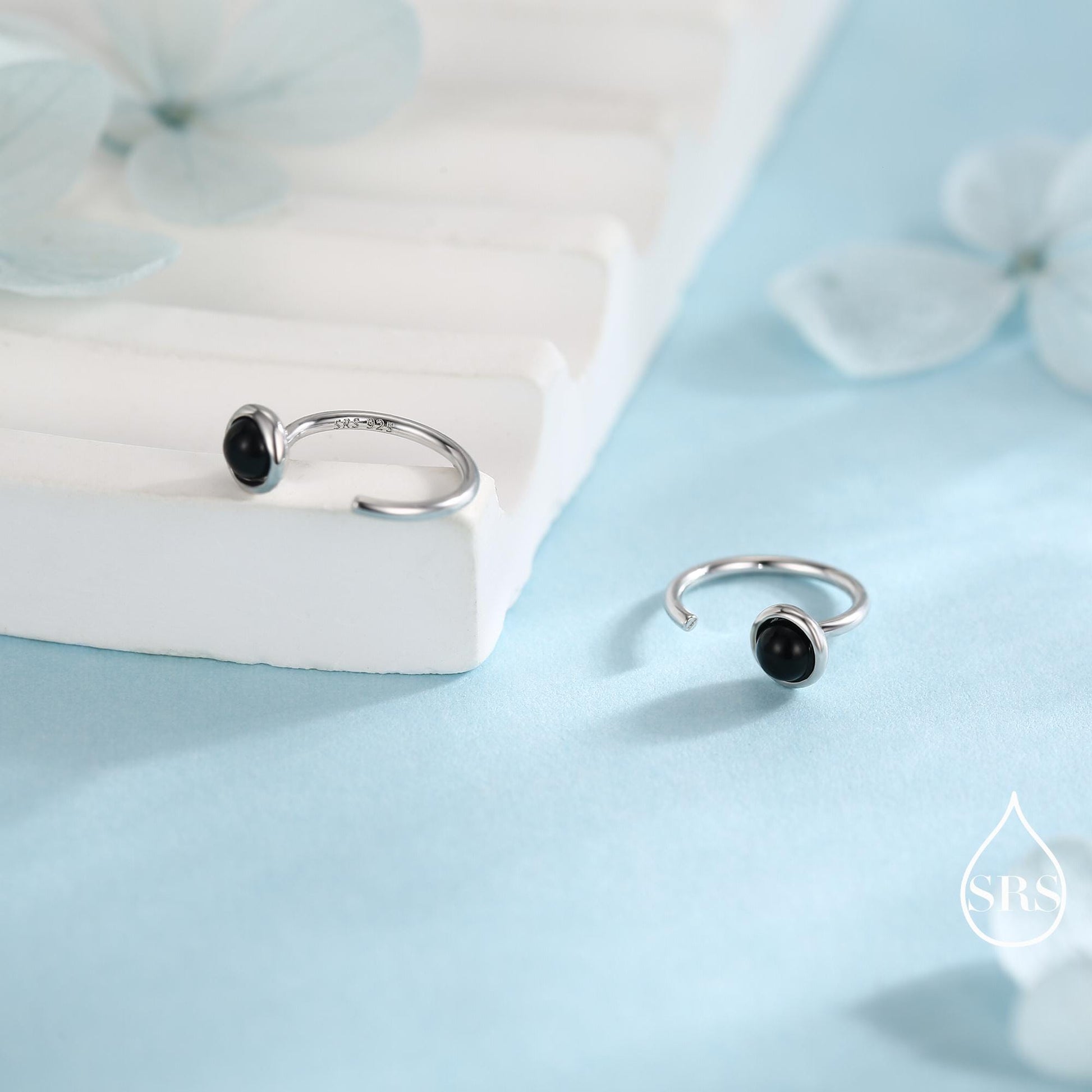 Genuine Black Onyx Huggie Hoop Earrings in Sterling Silver, 3mm Natural Black Onyx Open Hoops, Pull Through Threaders, Half Hoops, C Shape