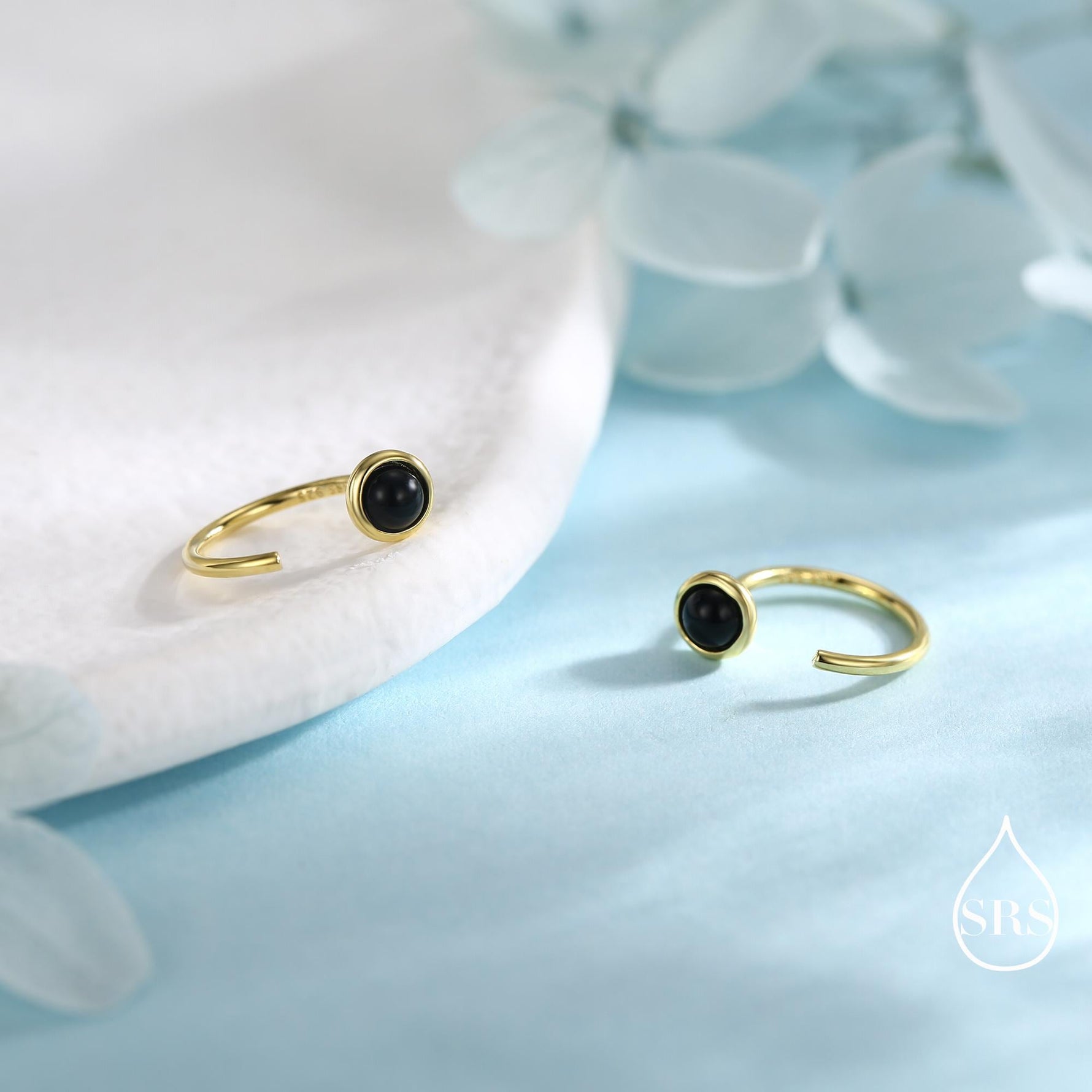 Genuine Black Onyx Huggie Hoop Earrings in Sterling Silver, 3mm Natural Black Onyx Open Hoops, Pull Through Threaders, Half Hoops, C Shape