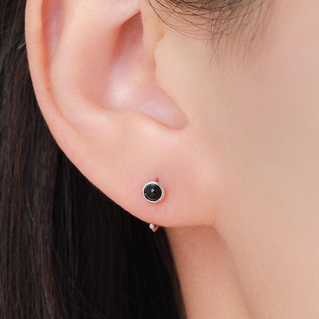 Genuine Black Onyx Huggie Hoop Earrings in Sterling Silver, 3mm Natural Black Onyx Open Hoops, Pull Through Threaders, Half Hoops, C Shape