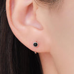 Genuine Black Onyx Huggie Hoop Earrings in Sterling Silver, 3mm Natural Black Onyx Open Hoops, Pull Through Threaders, Half Hoops, C Shape