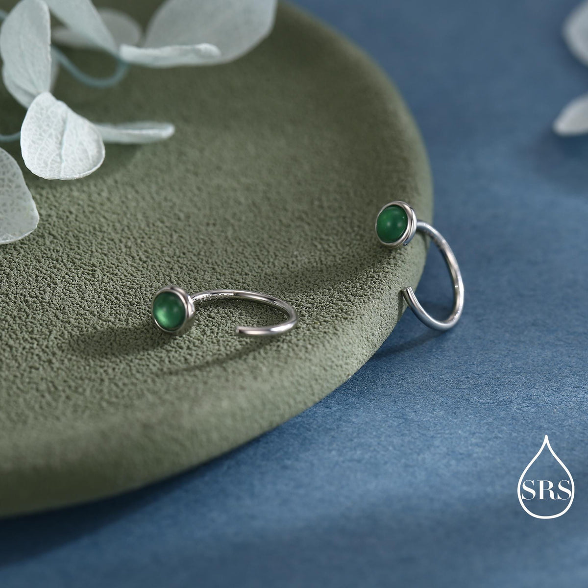 Genuine Green Onyx Huggie Hoop Earrings in Sterling Silver, 3mm Natural Green Onyx Open Hoops, Pull Through Threaders, Half Hoops, C Shape