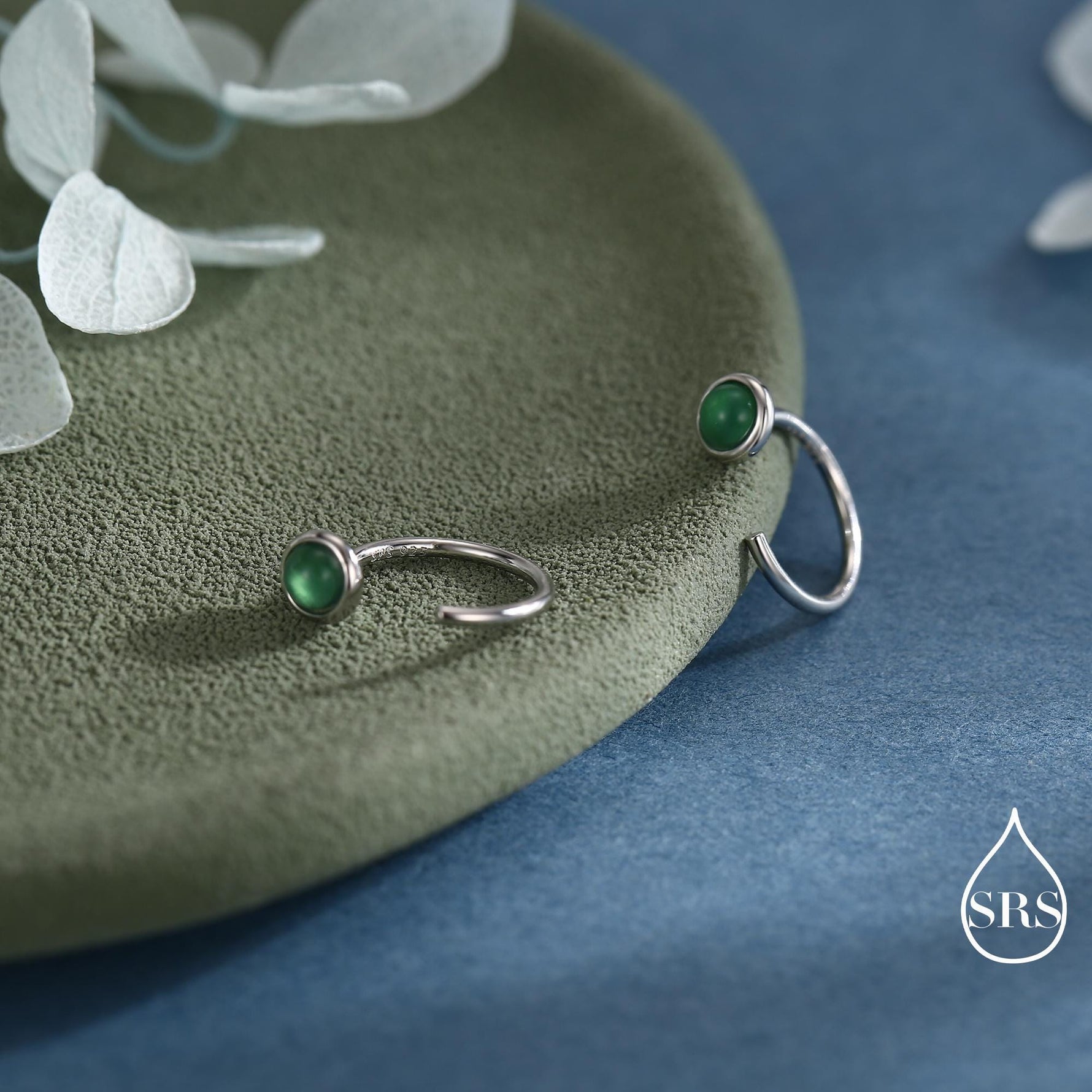 Genuine Green Onyx Huggie Hoop Earrings in Sterling Silver, 3mm Natural Green Onyx Open Hoops, Pull Through Threaders, Half Hoops, C Shape