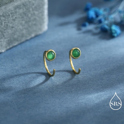 Genuine Green Onyx Huggie Hoop Earrings in Sterling Silver, 3mm Natural Green Onyx Open Hoops, Pull Through Threaders, Half Hoops, C Shape