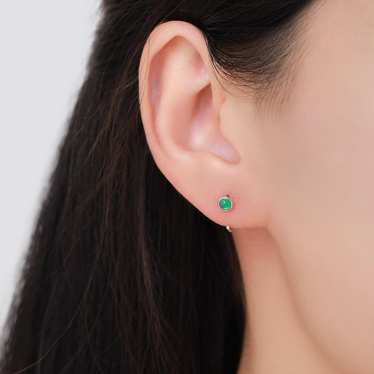 Genuine Green Onyx Huggie Hoop Earrings in Sterling Silver, 3mm Natural Green Onyx Open Hoops, Pull Through Threaders, Half Hoops, C Shape