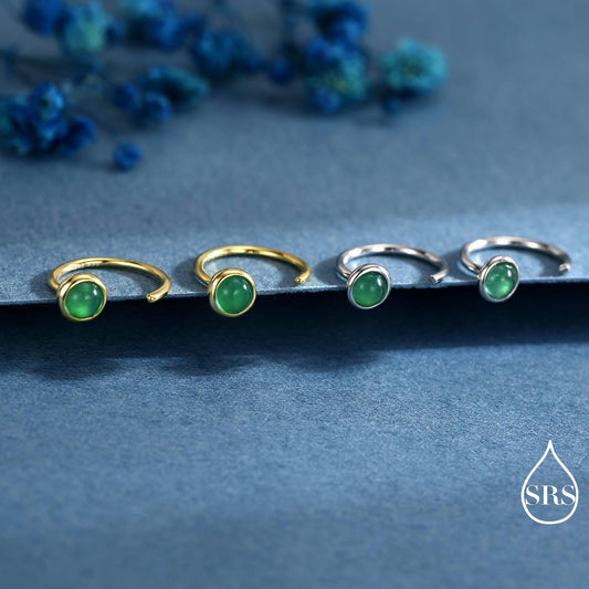 Genuine Green Onyx Huggie Hoop Earrings in Sterling Silver, 3mm Natural Green Onyx Open Hoops, Pull Through Threaders, Half Hoops, C Shape