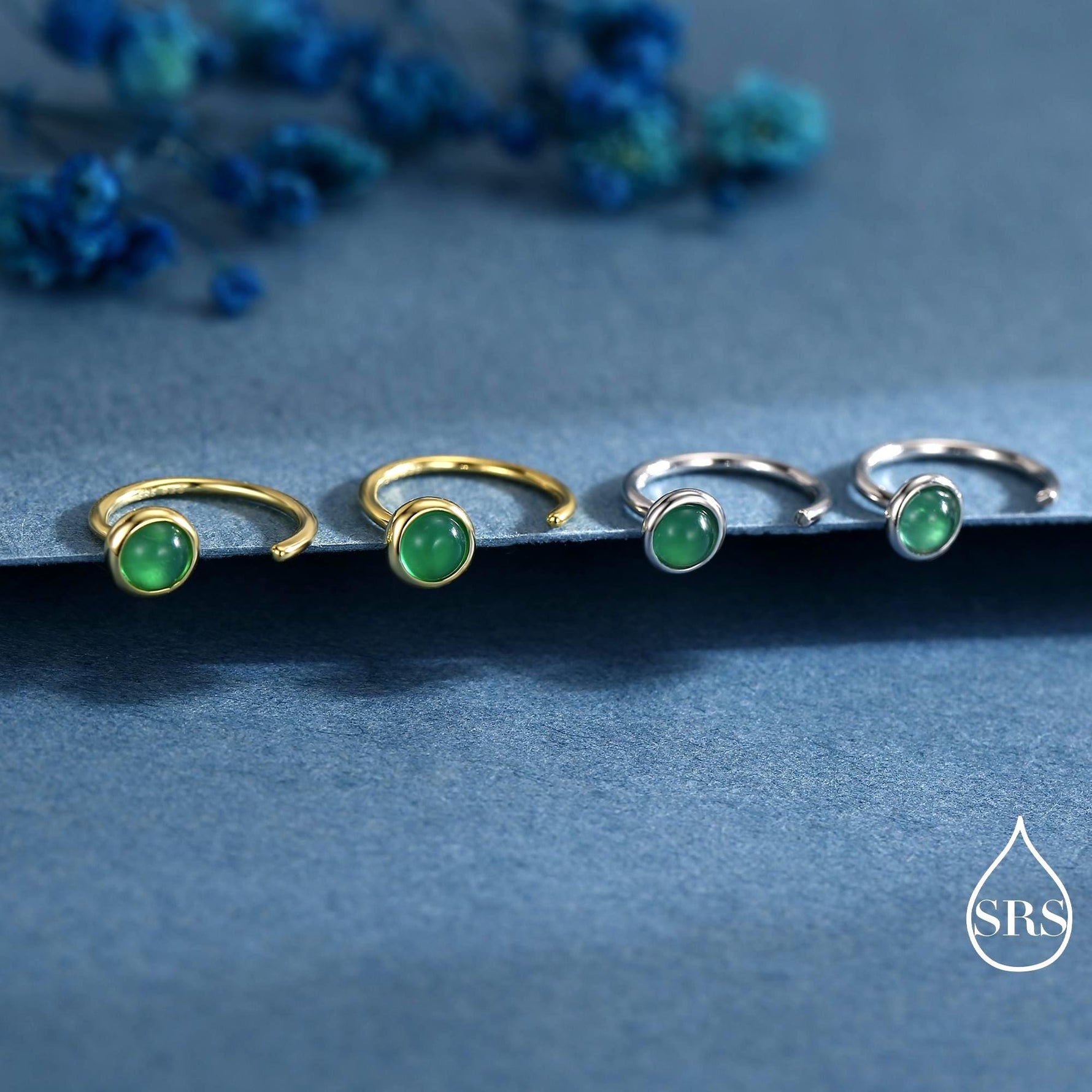 Genuine Green Onyx Huggie Hoop Earrings in Sterling Silver, 3mm Natural Green Onyx Open Hoops, Pull Through Threaders, Half Hoops, C Shape