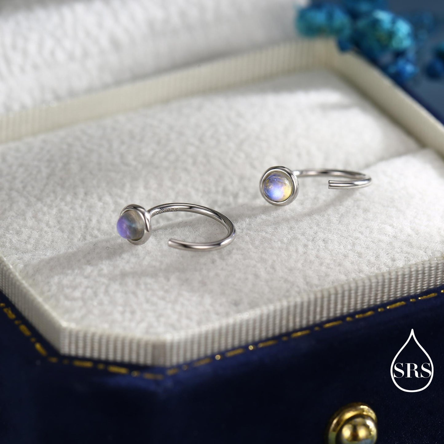 Moonstone Huggie Hoop Earrings in Sterling Silver, Silver or Gold, Tiny Moonstone Open Hoops, Pull Through Threaders, Half Hoops, C Shape