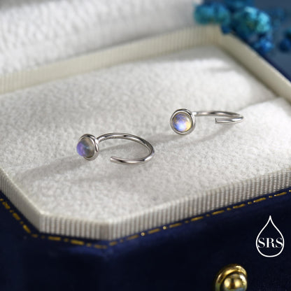 Moonstone Huggie Hoop Earrings in Sterling Silver, Silver or Gold, Tiny Moonstone Open Hoops, Pull Through Threaders, Half Hoops, C Shape