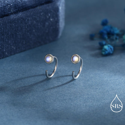 Moonstone Huggie Hoop Earrings in Sterling Silver, Silver or Gold, Tiny Moonstone Open Hoops, Pull Through Threaders, Half Hoops, C Shape