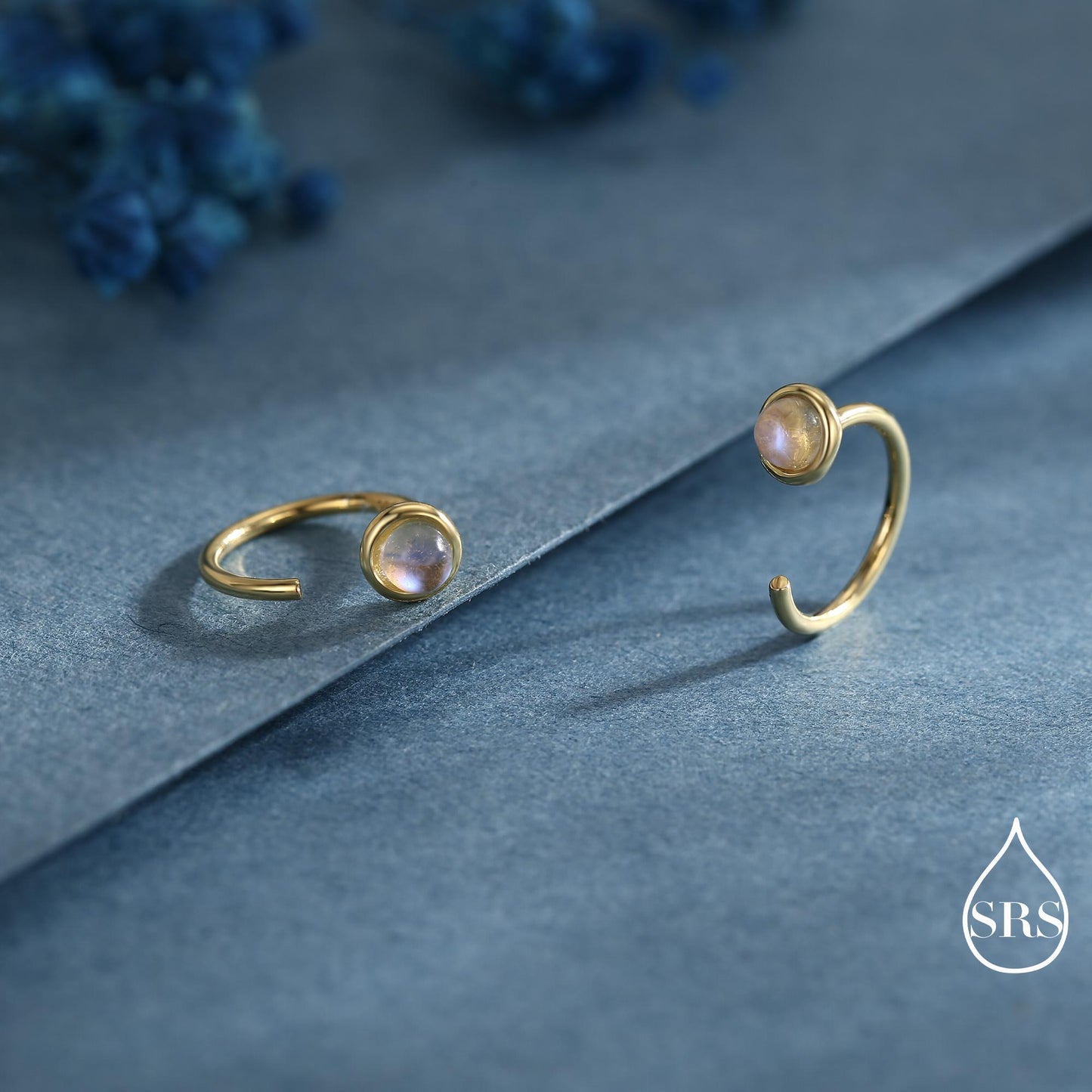 Moonstone Huggie Hoop Earrings in Sterling Silver, Silver or Gold, Tiny Moonstone Open Hoops, Pull Through Threaders, Half Hoops, C Shape