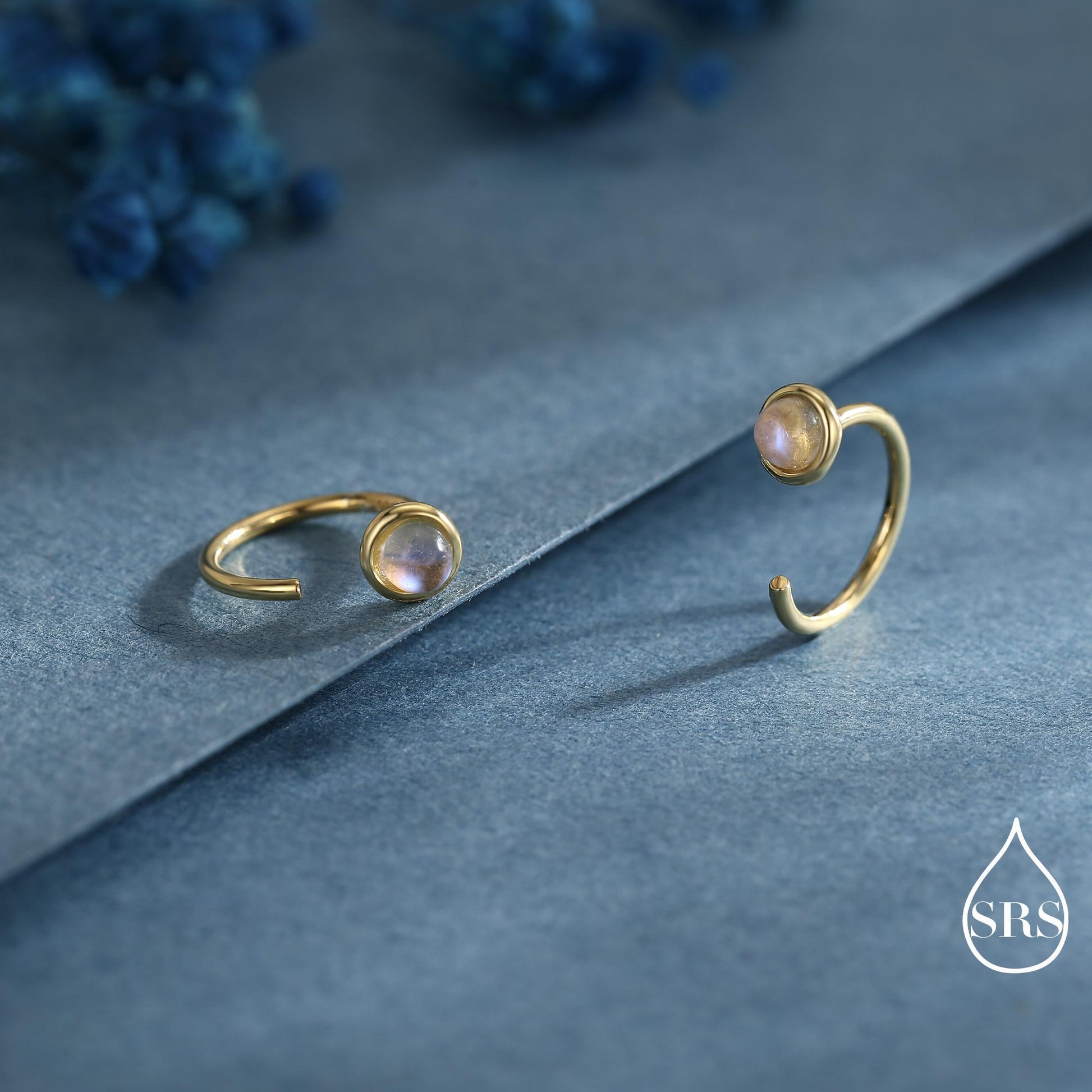 Moonstone Huggie Hoop Earrings in Sterling Silver, Silver or Gold, Tiny Moonstone Open Hoops, Pull Through Threaders, Half Hoops, C Shape