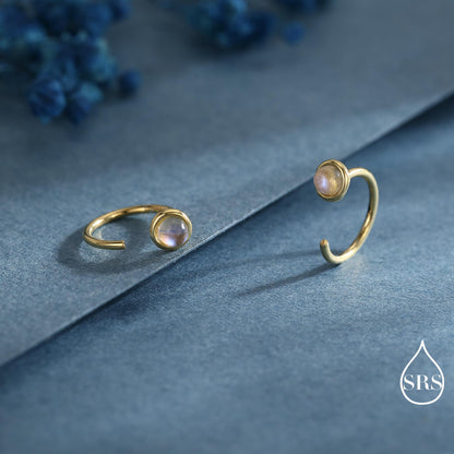 Moonstone Huggie Hoop Earrings in Sterling Silver, Silver or Gold, Tiny Moonstone Open Hoops, Pull Through Threaders, Half Hoops, C Shape
