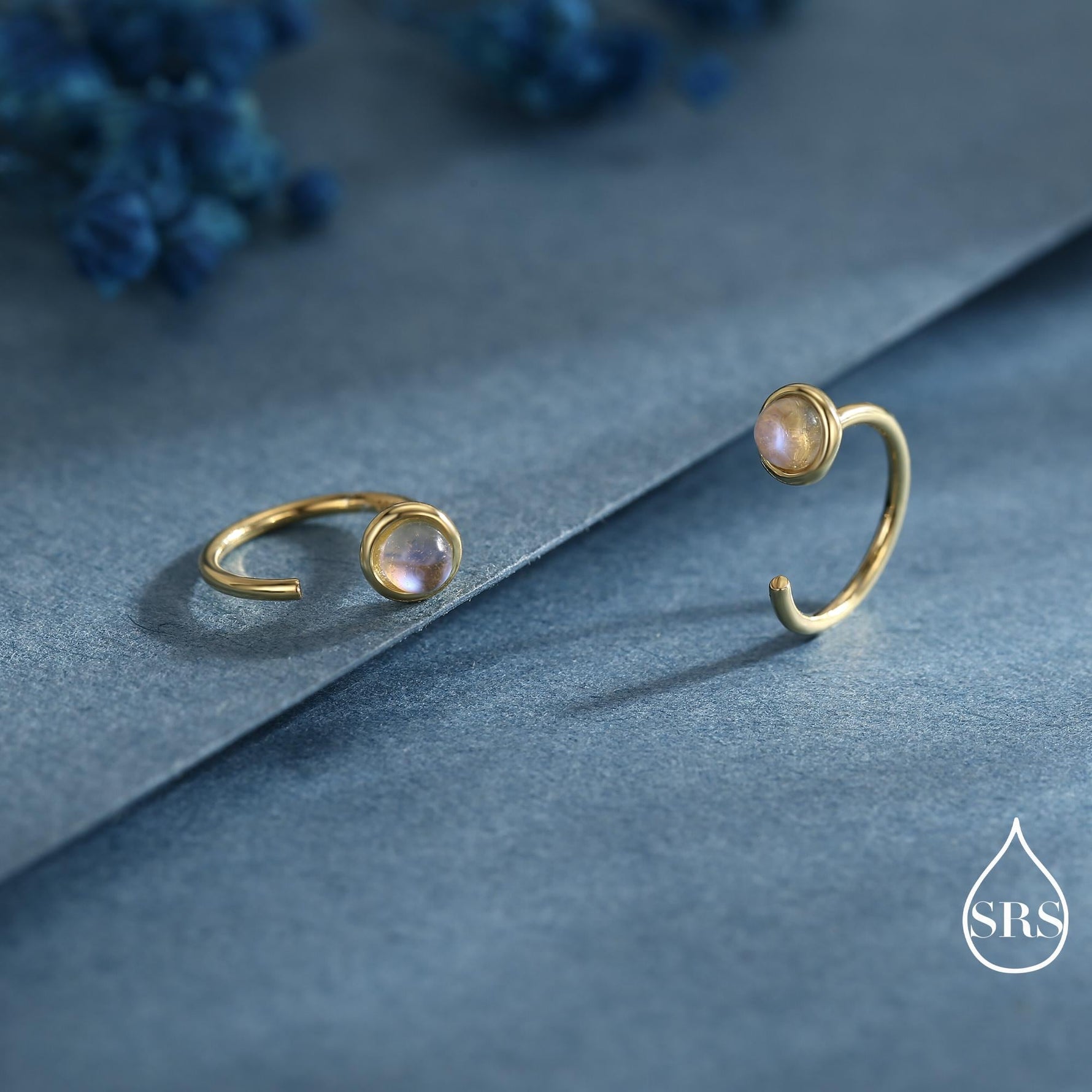 Moonstone Huggie Hoop Earrings in Sterling Silver, Silver or Gold, Tiny Moonstone Open Hoops, Pull Through Threaders, Half Hoops, C Shape