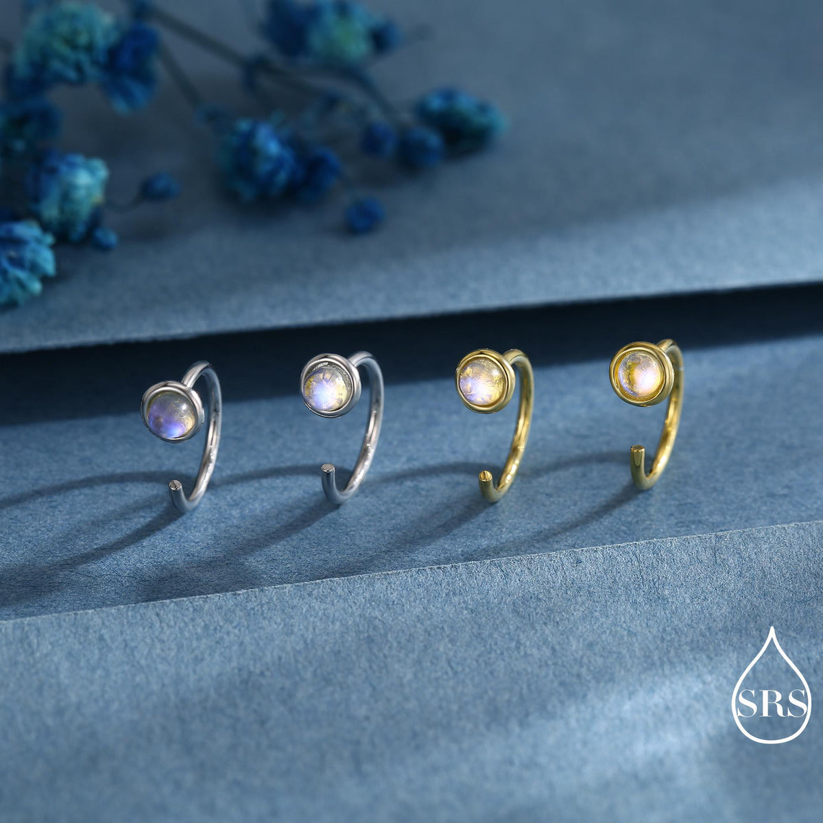 Moonstone Huggie Hoop Earrings in Sterling Silver, Silver or Gold, Tiny Moonstone Open Hoops, Pull Through Threaders, Half Hoops, C Shape