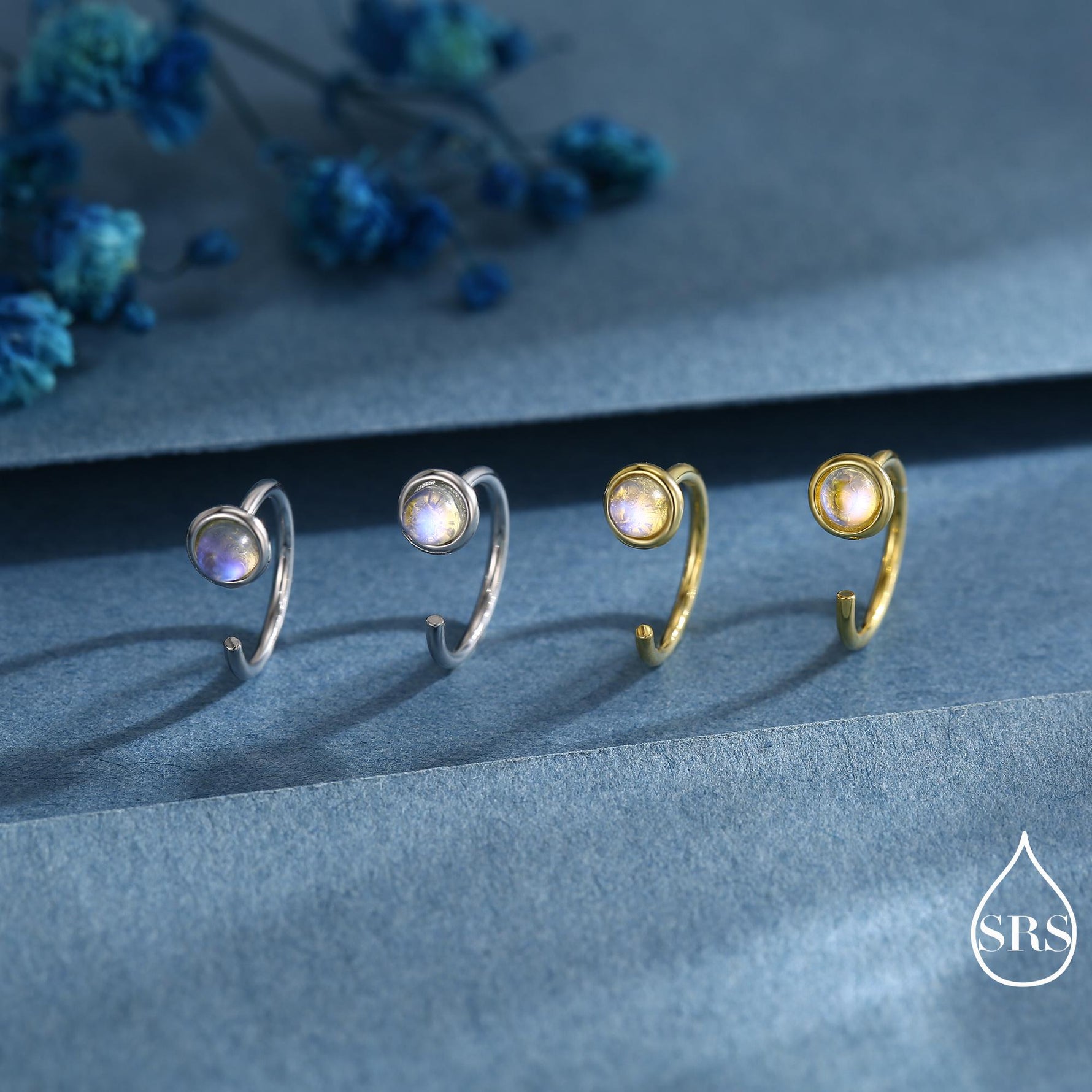 Moonstone Huggie Hoop Earrings in Sterling Silver, Silver or Gold, Tiny Moonstone Open Hoops, Pull Through Threaders, Half Hoops, C Shape