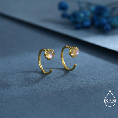 Moonstone Huggie Hoop Earrings in Sterling Silver, Silver or Gold, Tiny Moonstone Open Hoops, Pull Through Threaders, Half Hoops, C Shape
