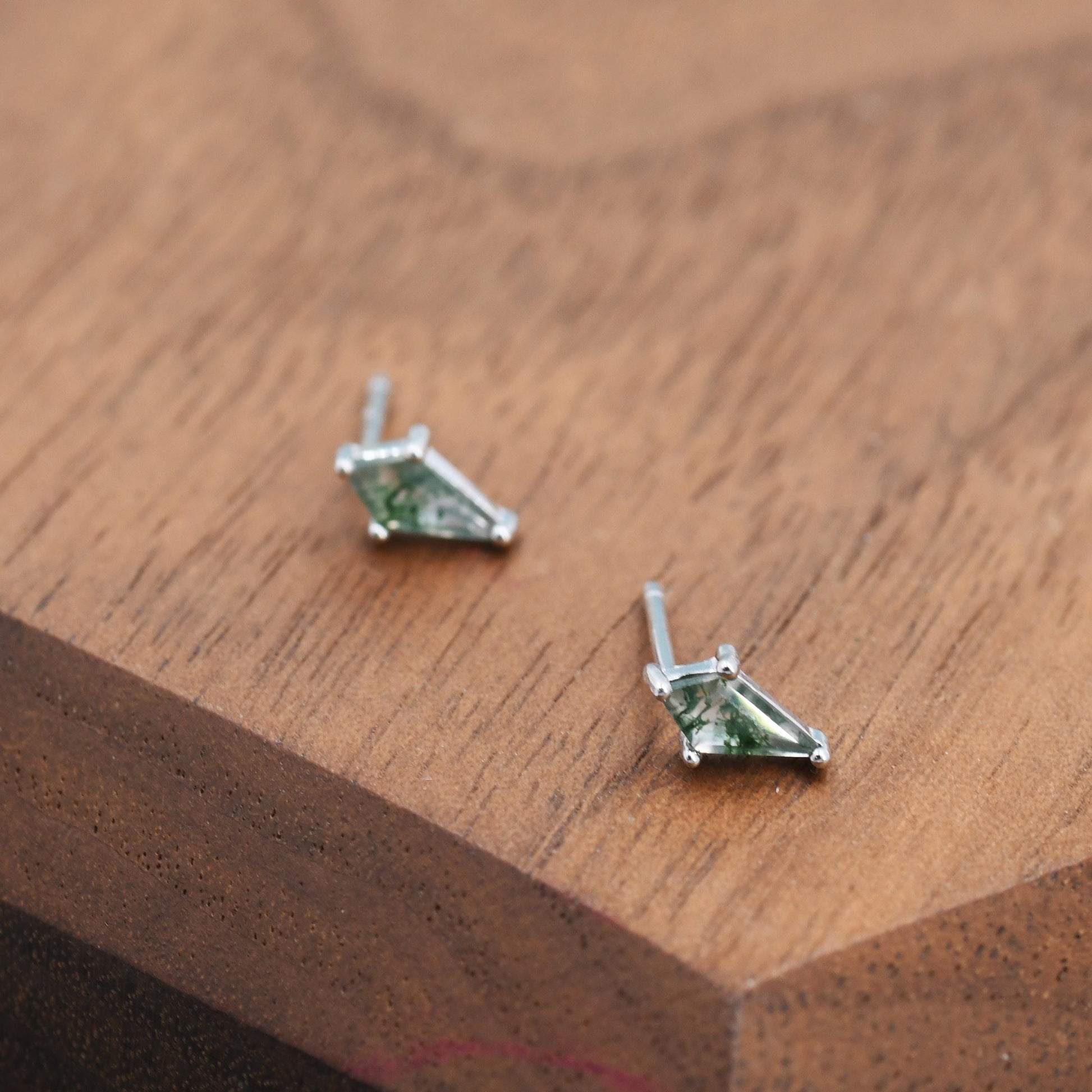 Natural Kite Cut Moss Agate Internally Threaded Flat Back Earrings in Sterling Silver, Rhombus Shape Genuine Moss Agate Gemstone Stud