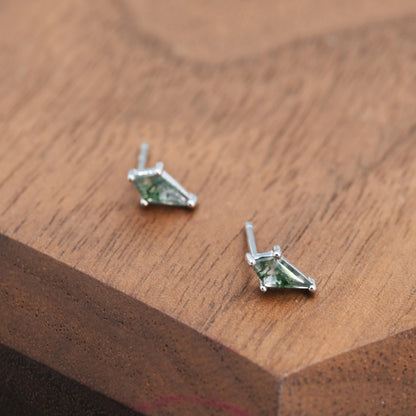 Natural Kite Cut Moss Agate Internally Threaded Flat Back Earrings in Sterling Silver, Rhombus Shape Genuine Moss Agate Gemstone Stud