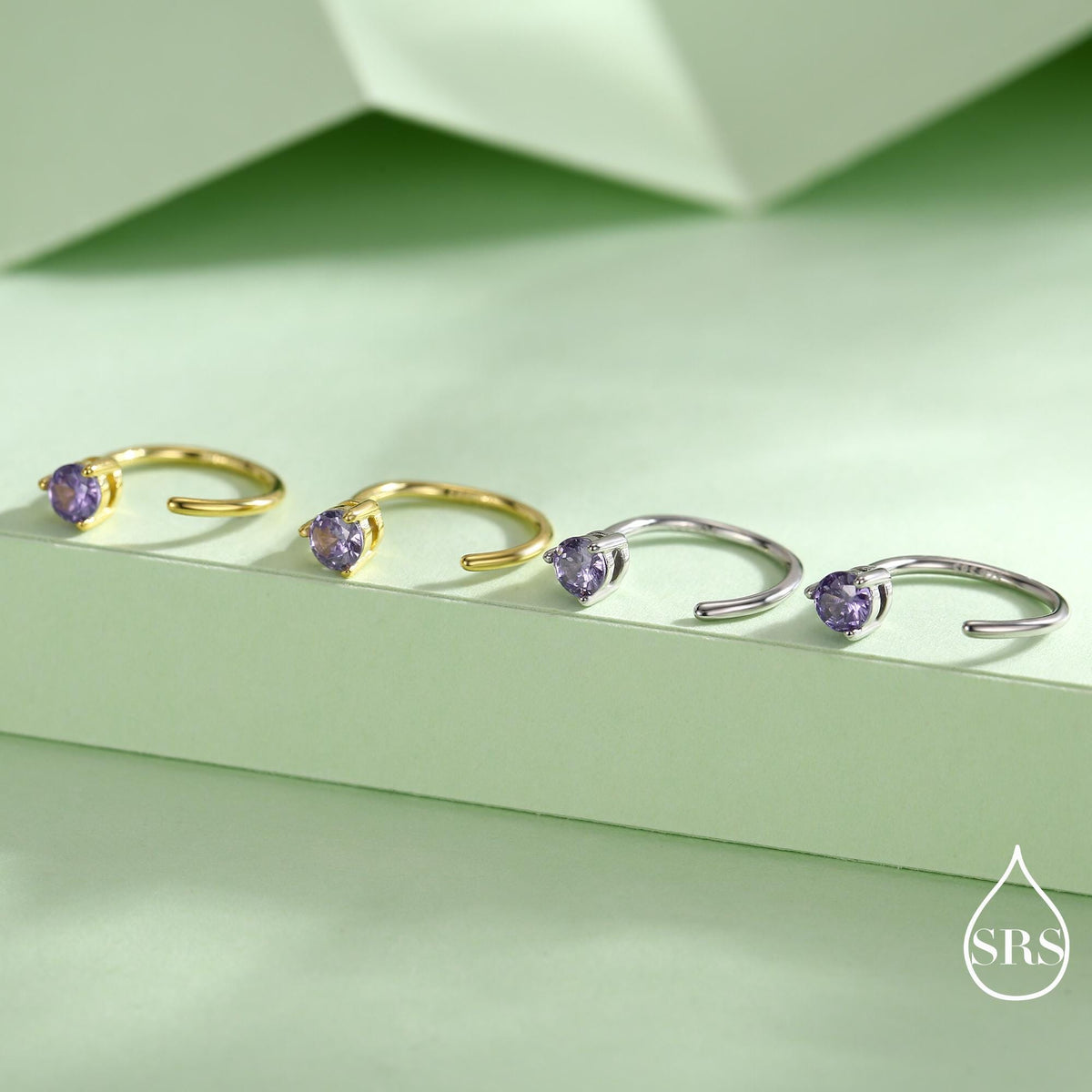 Lilac Amethyst Purple Crystal Huggie Hoop Threader Earrings in Sterling Silver, 3mm Three Prong, Gold or Silver, Pull Through Open Hoops